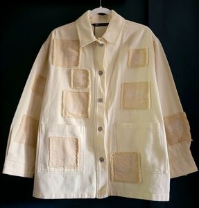 NWT ZARA Light Yellow‎ 100% Cotton Embroidered Patches Oversized Jacket Medium